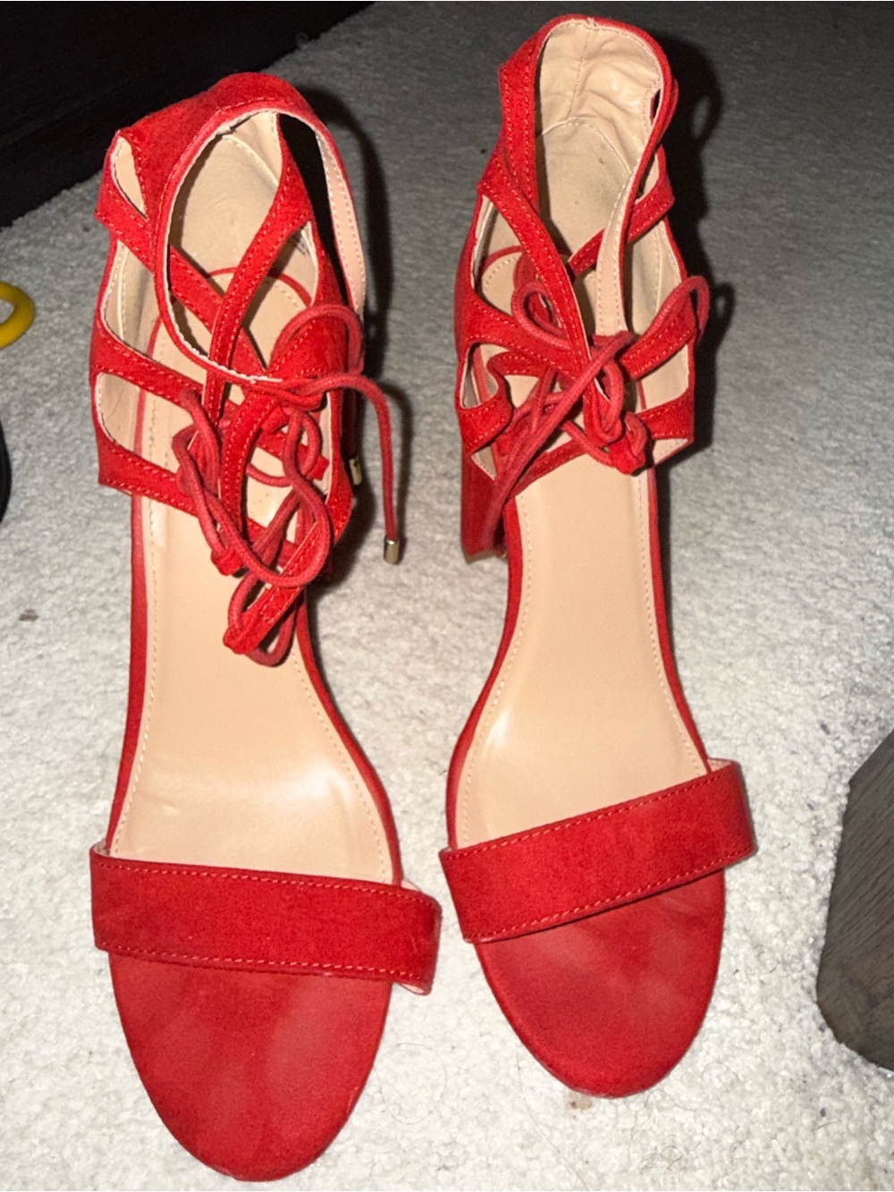 Red Lace-Up Block Heel Sandals - Women
